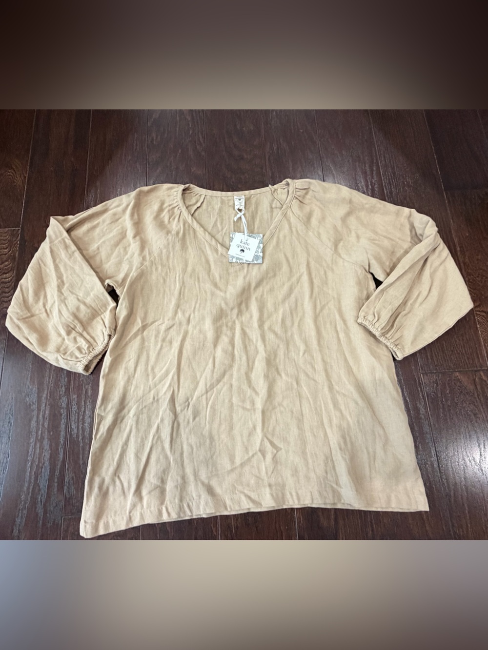 Kate Quinn Organic Cotton Split-Neck Blouse Lagenlook Brown Size Medium NEW